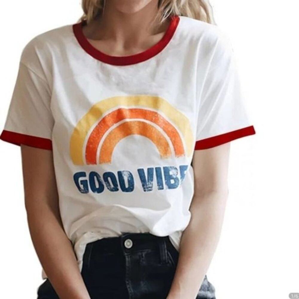 Good Vibes White Rainbow T–Shirt Red Trim NEW Size Medium
